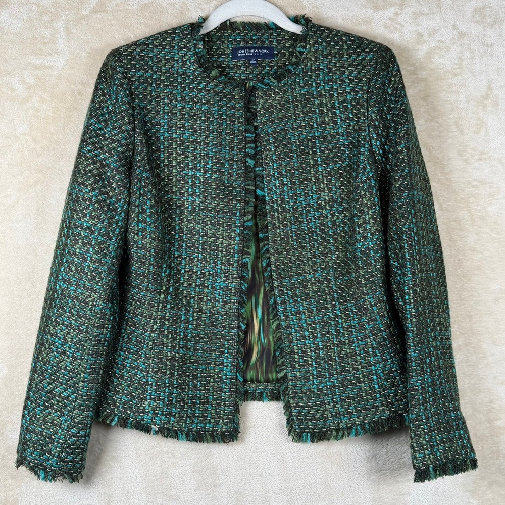 Jones New York Signature Womens Size 6P Green Tweed Fringe Open Front Jacket
